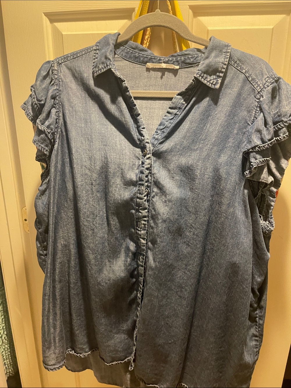 Washed Chambray Ruffle Sleeve Blouse - Blue